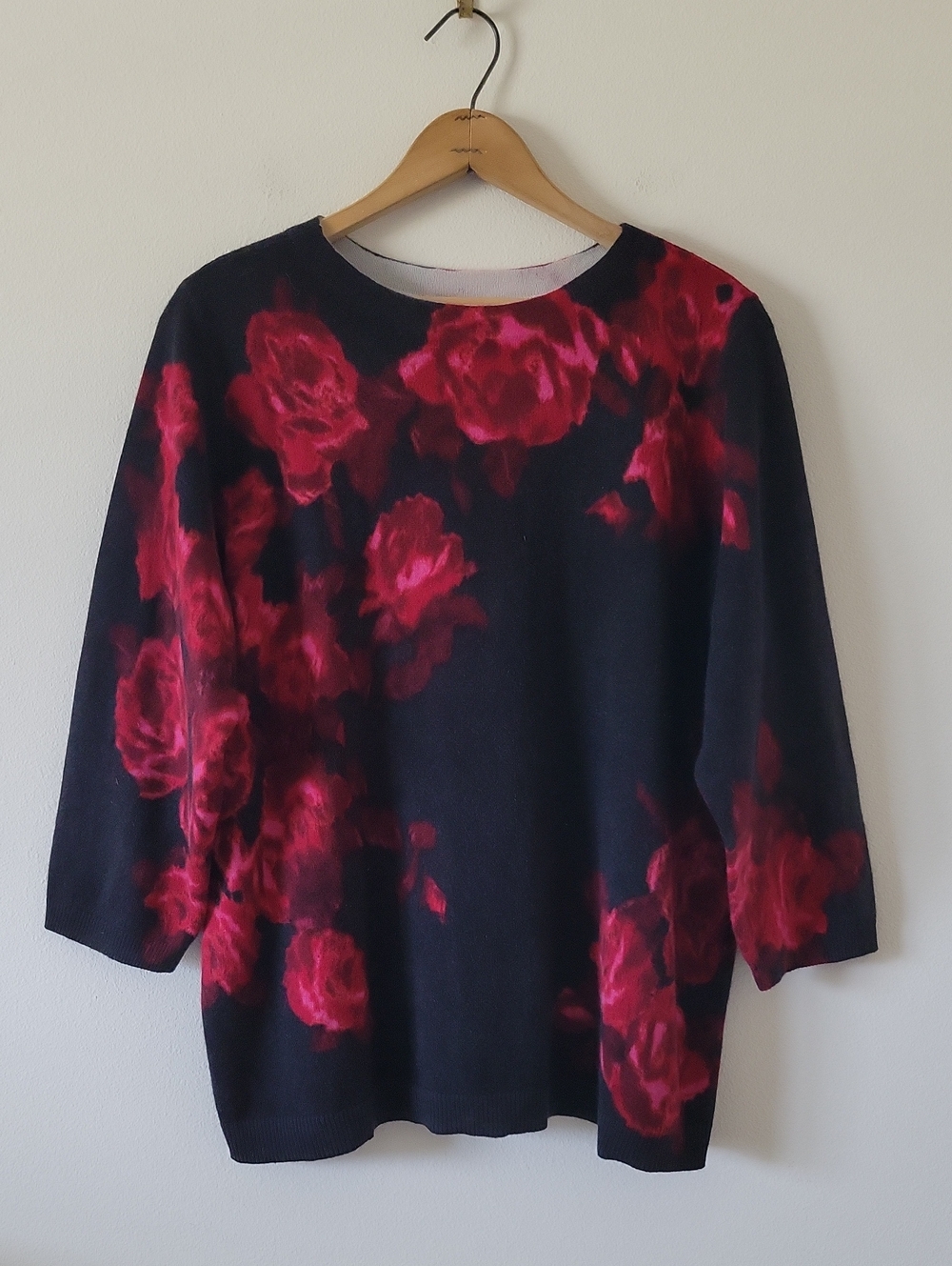 Talbots Cashmere Red Black Rose Print Sweater Size 2XP